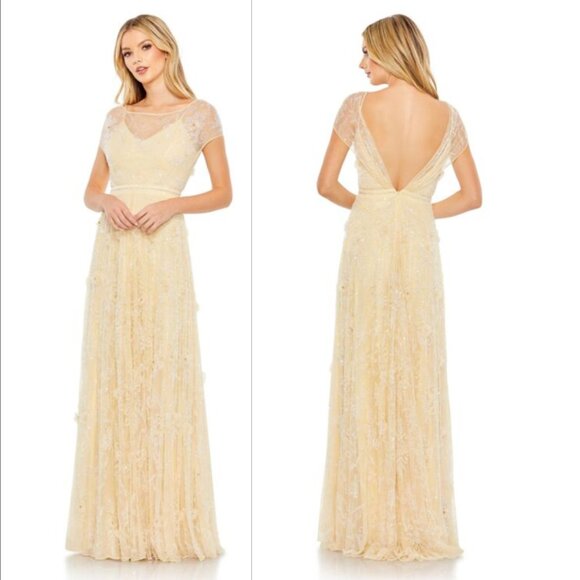 Mac Duggal 70274 Illusion Floral Embellished A-Line Gown Butter Yellow - Picture 2 of 2